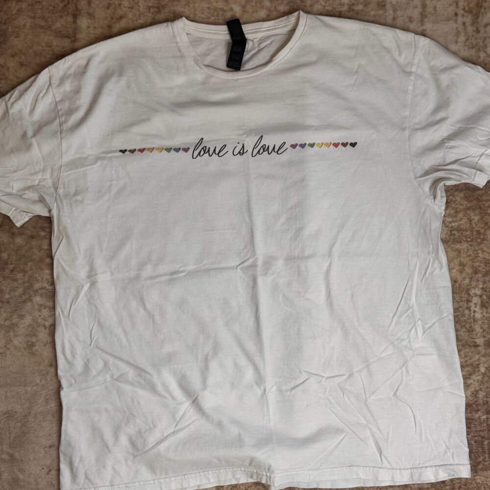 White Cotton T-shirt w/ Love is Love & Rainbow Colored Hearts, XL